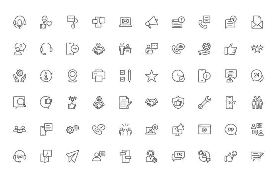 apoyo y cliente Servicio línea estilo moderno íconos colocar. cliente comentario, respuesta, experiencia, línea de ayuda y técnico apoyo Delgado línea icono colocar. vector