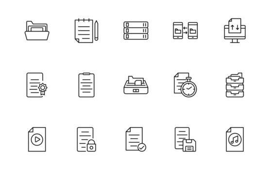 Document line icons. Document icon set. Set of outline icons related to document, files, message, Linear style icon pack. vector