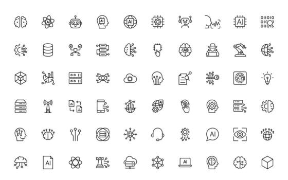 Artificial intelligence and Networking technology icon set. AI and networking minimal thin line icon set. vector