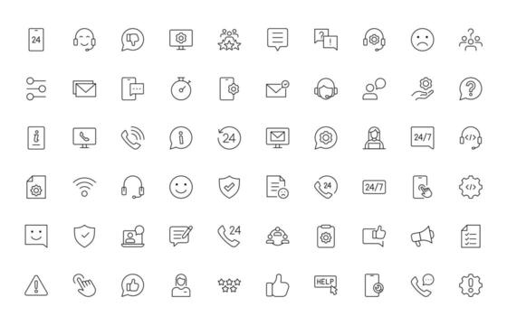 apoyo y cliente Servicio iconos cliente comentario, respuesta, experiencia, línea de ayuda y técnico apoyo mínimo Delgado línea icono colocar. vector