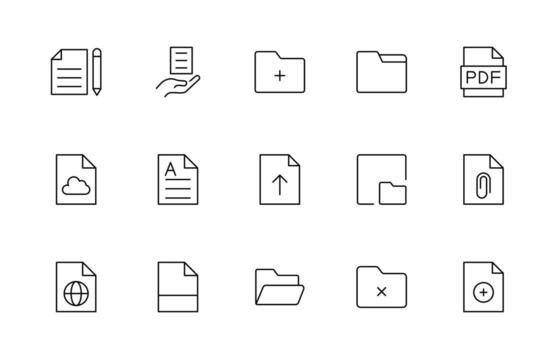 Document File line icons. Document icon set. Set of outline icons related to document, files, message, security Simple thin line icon set. vector
