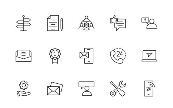 apoyo y cliente Servicio línea estilo moderno íconos colocar. cliente comentario, respuesta, experiencia, línea de ayuda y técnico apoyo sencillo línea icono embalar. vector