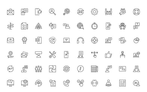apoyo y cliente Servicio línea estilo moderno íconos colocar. cliente comentario, respuesta, experiencia, línea de ayuda y técnico apoyo icono colocar. vector