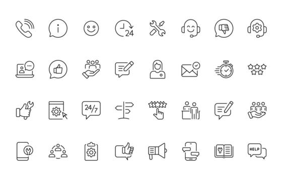 apoyo y cliente o cliente Servicio estilo moderno íconos colocar. cliente comentario, respuesta, experiencia, línea de ayuda y técnico apoyo sencillo mínimo Delgado línea iconos vector