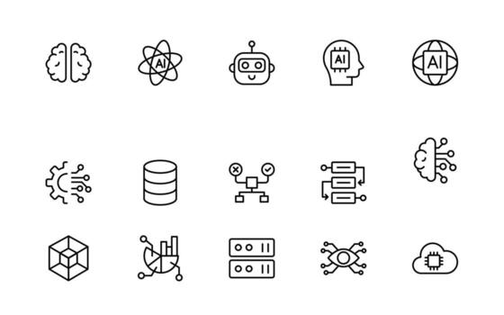 Artificial intelligence and Networking technology icon set. AI and networking simple editable thin line icon collection. vector