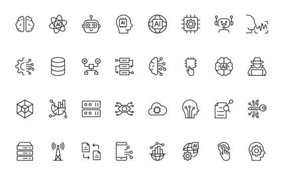 Artificial intelligence and Networking technology icon set. AI and networking simple minimal editable line icon set. vector