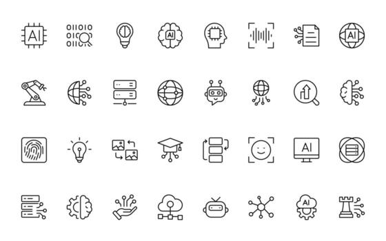 Artificial intelligence and Networking technology icon set. AI and networking simple minimal thin line icon set. vector