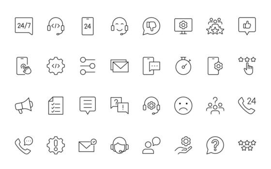 apoyo y cliente Servicio iconos cliente comentario, respuesta, experiencia, línea de ayuda y técnico apoyo sencillo mínimo editable Delgado icono recopilación. vector