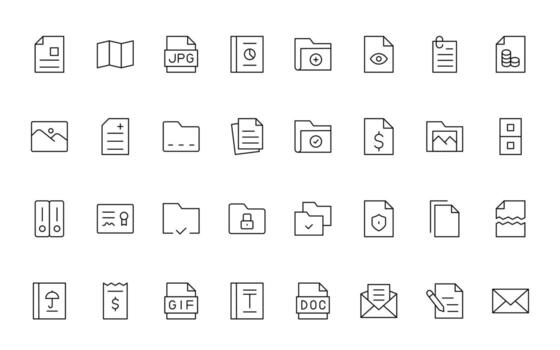 Document File line icons. Document icon set. Set of outline icons related to document, files, message, security minimal thin line icon pack. vector