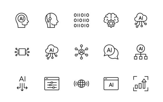 Artificial intelligence and Networking technology icon set. AI and networking simple minimal editable thin line icons. vector