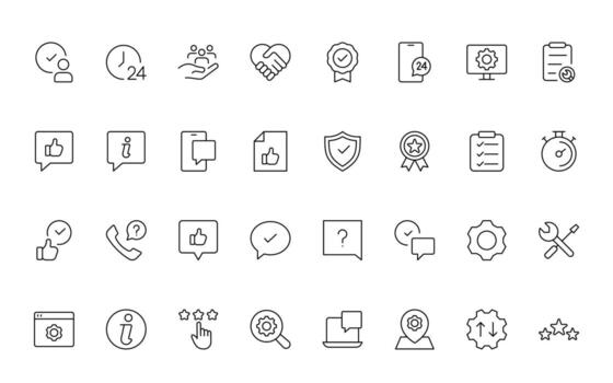 apoyo y cliente Servicio iconos cliente comentario, respuesta, experiencia, línea de ayuda y técnico apoyo sencillo mínimo Delgado línea icono recopilación. vector