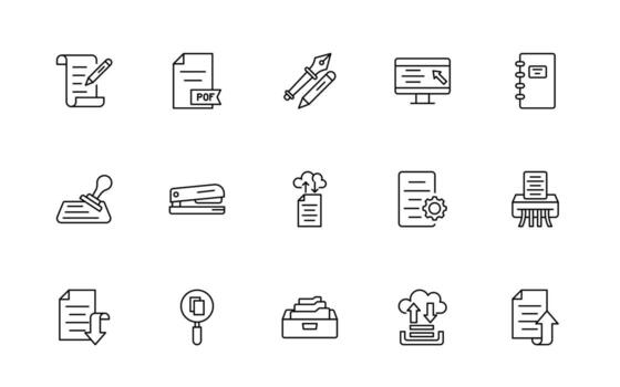 Document line icons. Document icon set. Set of outline icons related to document, files, message, icon pack. vector