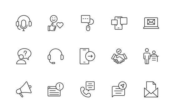 apoyo y cliente Servicio línea estilo moderno íconos colocar. cliente comentario, respuesta, experiencia, línea de ayuda y técnico apoyo icono embalar. vector