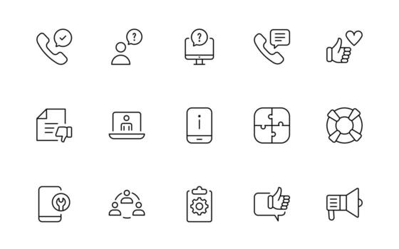 apoyo y cliente o cliente Servicio estilo moderno íconos colocar. cliente comentario, respuesta, experiencia, línea de ayuda y técnico apoyo línea iconos vector