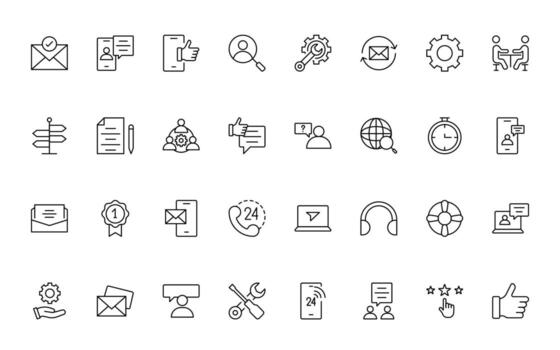 apoyo y cliente Servicio línea estilo moderno íconos colocar. cliente comentario, respuesta, experiencia, línea de ayuda y técnico apoyo línea icono colocar. vector