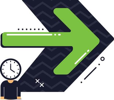 A person is standing in front of a clock and an arrow pointing to the right vector