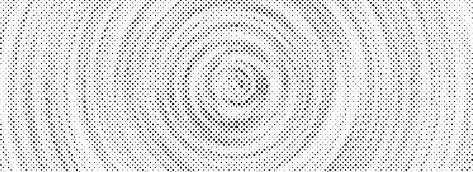 Black halftone concentric circle background. Dotted radial gradient texture. Rippled sound wave ring wallpaper. Rasterized rough backdrop for epicenter, target, radar signal, vibration concept vector