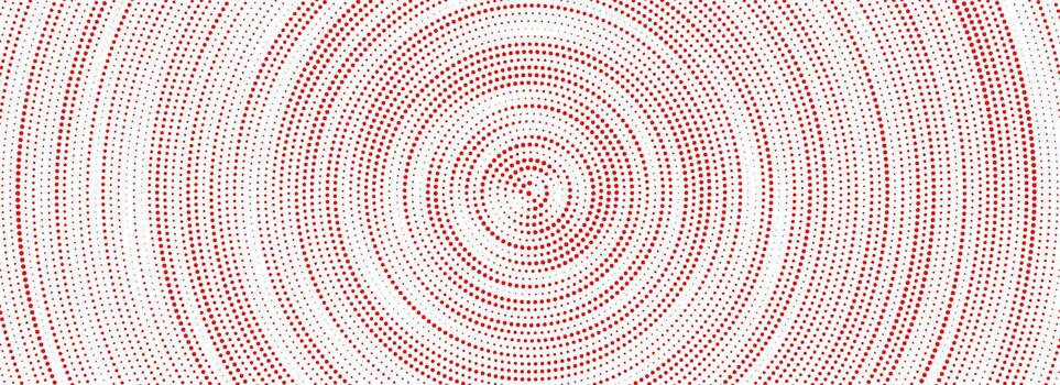 Red halftone concentric circle background. Dotted radial gradient texture. Rippled sonic wave ring wallpaper. Rasterized rough backdrop for epicenter, target, radar signal, vibration concept vector
