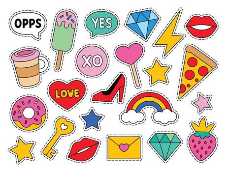 Assorted Colorful Cartoon Style Patches With Various Icons sticker symbol vector