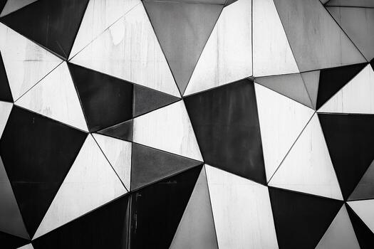 Dynamic geometric patterns create a striking monochrome wall design. photo