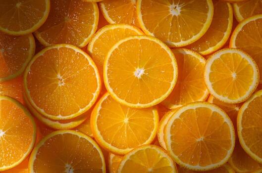 Fresh orange slices macro view as vibrant food background photo