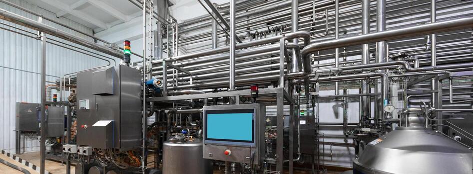 Industrial background from the pipeline and the system with a blank screen Mock-up photo