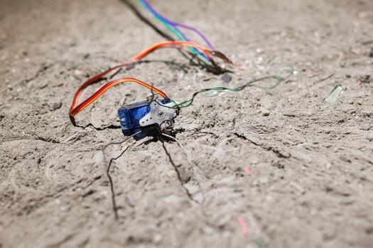 Electronic Component Surrounded by Wires on Rough Concrete Surface, Close-Up View, Technical Concept photo