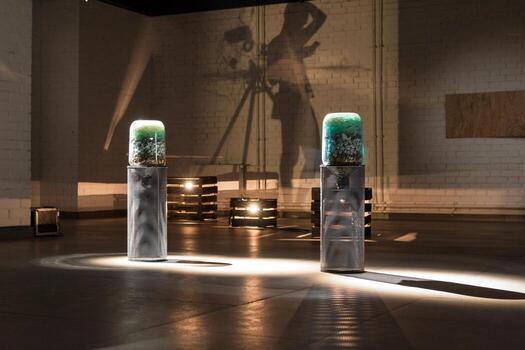 Ambient Art Installation with Retro Projection and Modern Lighting with Shadows in a Gallery Space. photo