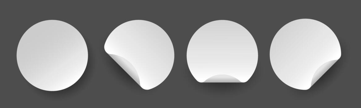Set of round adhesive stickers with peeling corners and shadows. Realistic white paper and plastic circle label mockups. vector