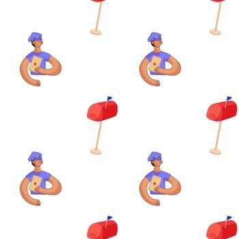 Fun and colorful illustration of a muscular mail carrier with mailboxes in a playful pattern vector