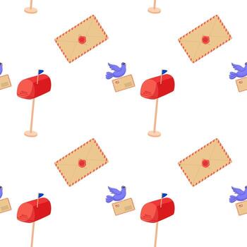Colorful pattern featuring mailboxes, envelopes, and a bird with letters on a white background vector