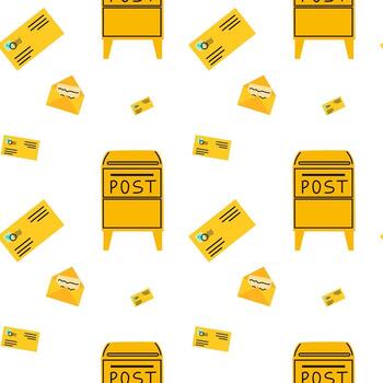 Bright yellow post box and envelopes scattered in a playful pattern on a white background vector