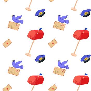 Colorful pattern featuring mailboxes, birds, and envelopes in a playful design vector