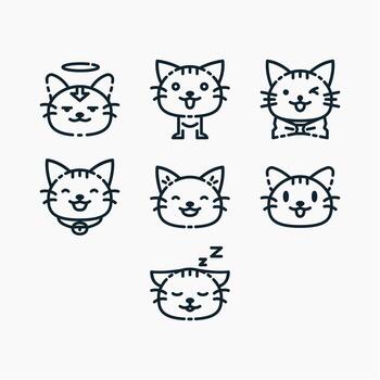Cute Cat Icons Set in minimal line style. Perfect for stickers, apps, websites, or pet related designs. Editable illustration with clean outlines and multiple adorable cat expressions. vector