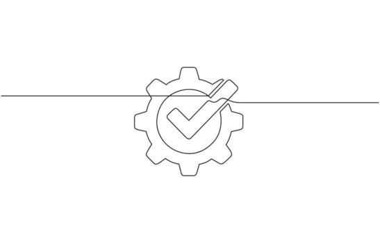 Continuous One line drawing of Gear with Green Checkmark inside, Single line art of Gear and Tick mark pro design vector