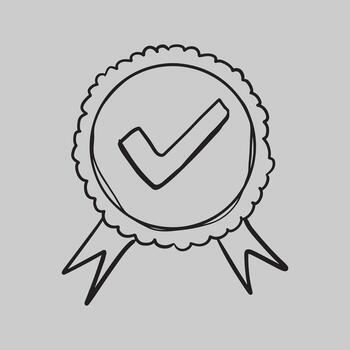 Hand-drawn doodle style badge with a checkmark and ribbons, symbolizing quality, approval, or completion on a gray background. vector