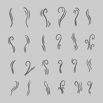 A collection of twenty-four hand-drawn calligraphic lines representing smoke, steam, or scent wisps on a gray background. vector