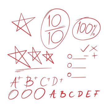 A collection of hand-drawn red grading marks including letter grades, scores, stars, and checkmarks on a white background. vector