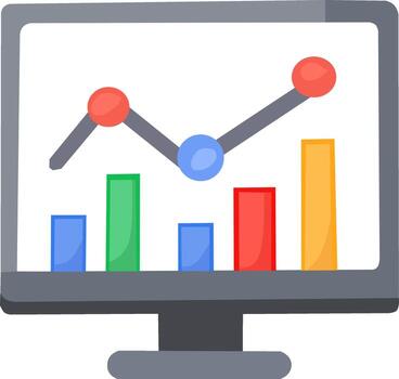 Flat illustration of a computer monitor displaying colorful bar and line charts, representing data analytics, business growth, and performance monitoring. vector