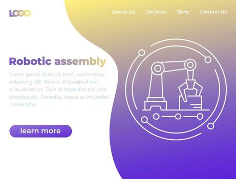 Robotic assembly, industrial robot banner, website template with line icon vector
