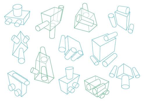 Clusters of boxes with cylinders attached in a 3-point perspective in green and blue colors vector