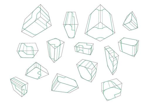 A variety of shapes in a 3-point perspective with displaying the single rounding principle vector