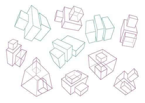 Clusters of boxes in a 3-point perspective in green and magenta colors vector