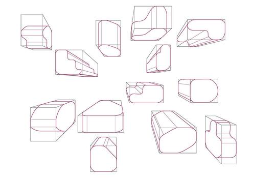 A variety of shapes in a 1-point perspective with displaying the single rounding principle vector