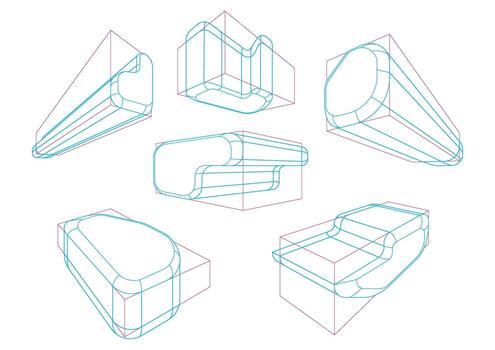 A variety of shapes in a 2-point perspective with displaying the multiple rounding principle vector