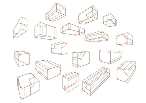A variety of shapes in a 2-point perspective with displaying the single rounding principle vector