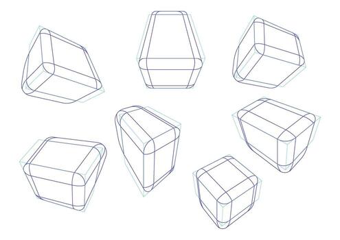 Boxes in 3-point perspective with displaying multiple rounding principle vector