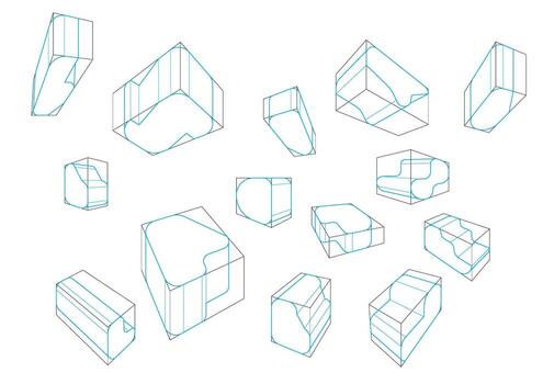 un variedad de formas en un 2 puntos perspectiva con mostrando el soltero redondeo principio y un diferente desvanecimiento punto vector