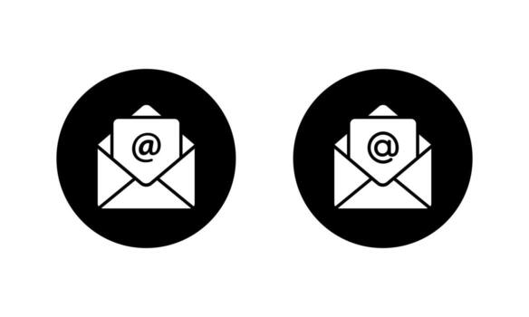 abierto correo icono con mencionar icono. correo electrónico bandeja de entrada y correspondencia símbolo en negro circulo vector