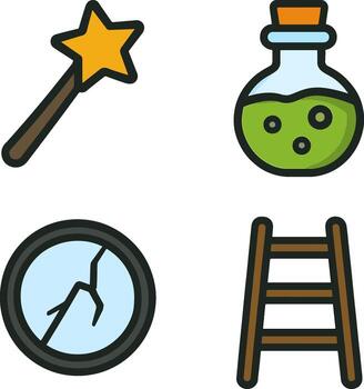 Halloween icon set featuring magic and superstition symbols. illustration of a wizard's wand, a bubbling potion, a broken mirror, and a ladder vector